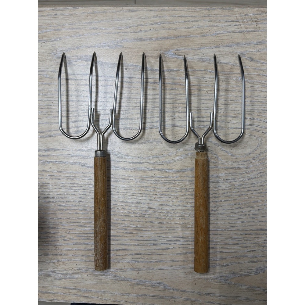 Pair Of‎ Vintage 4-Prong MEAT LIFTING FORKS With Wood Handles 10.5" Turkey Ham